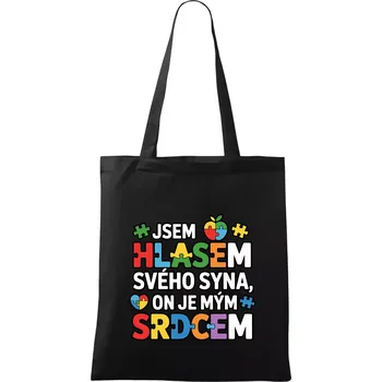 Nákupní taška Autismus - Jsem hlasem svého syna, on je mým srdcem - Taška bavlněná - 42 x 38 cm ( Černá )