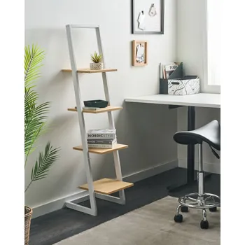 Knihovna Bílá a světle hnědá knihovna s kovovým rámem z dřevotřískové desky z tmavého dřeva 4 police, volně stojící knihovna, moderní nábytek do obývacího pokoje Beliani