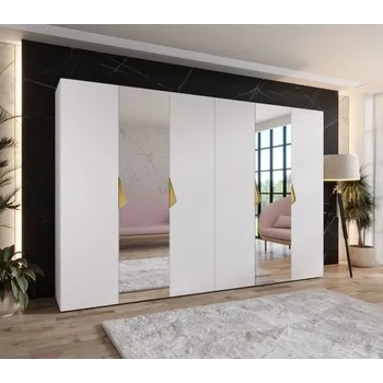 Šatní skříň Elegantní zrcadlová skříň 300 cm AMARIS 2 - bílá / zlaté úchyty