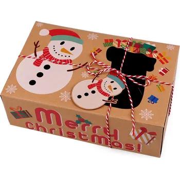 Vánoční dárková krabice s průhledem a jmenovkou, střední, 3 hnědá přírodní sněhulák