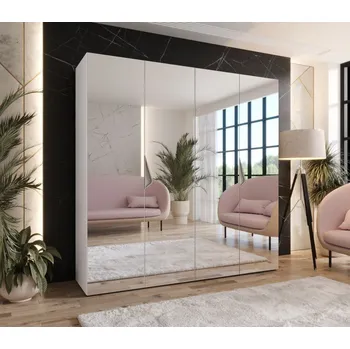 Šatní skříň Čtyřdveřová zrcadlová skříň 200 cm AMARIS 3 - bílá / kašmírové úchyty