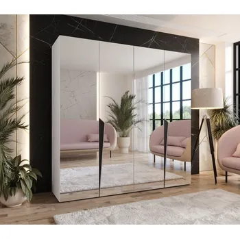 Šatní skříň Čtyřdveřová šatní skříň 200 cm SORAYA 3 se zrcadlem - bílá / černé úchyty