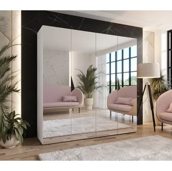 Šatní skříň Čtyřdveřová zrcadlová skříň 200 cm AMARIS 3 - bílá / černé úchyty