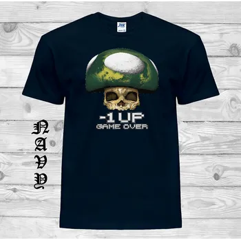 Pánské tričko levne-bavlnene-tricko-potisk-mushroom-gameover Barva: Navy - tmavě modrá, velikost: M