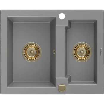 Granitový dřez Mexen Carlos, granitový dřez 582x475x177 mm, 1,5-komorový, šedá se zlatým sifonem, 6518581500-71-G