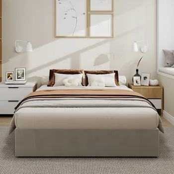 Postel Jednolůžková dřevěná postel Arhatreya 140x200 v odstínech béžové