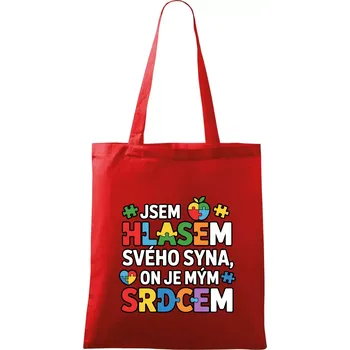 Nákupní taška Autismus - Jsem hlasem svého syna, on je mým srdcem - Taška bavlněná - 42 x 38 cm ( Červená )