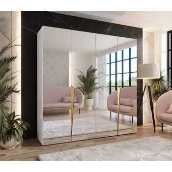 Šatní skříň Čtyřdveřová šatní skříň 200 cm SORAYA 3 se zrcadlem - bílá / zlaté úchyty