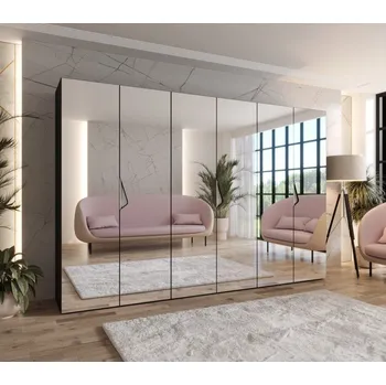 Šatní skříň Velká zrcadlová skříň 300 cm AMARIS 3 - černá / kašmírové úchyty