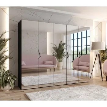 Šatní skříň Široká šatní skříň 250 cm AMARIS 3 se zrcadlem - černá / kašmírové úchyty
