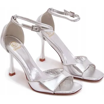 Dámské sandále DÁMSKÉ SANDÁLY NA JEHLOVÉM PODPATKU ELEGANTNÍ EKO KŮŽE STŘÍBRNÉ 40