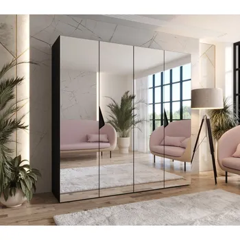 Šatní skříň Čtyřdveřová zrcadlová skříň 200 cm AMARIS 3 - černá / černé úchyty