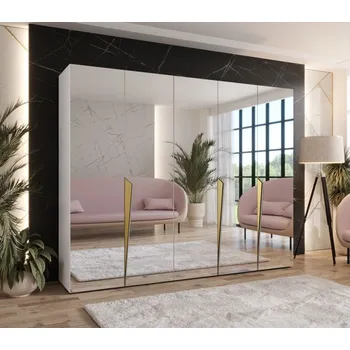 Šatní skříň Široká šatní skříň 250 cm SORAYA 3 se zrcadlem - bílá / zlaté úchyty