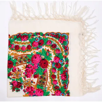 Šátek Dámský šátek Folkstar krémový s květy z Łowicze, velký, 100% bavlna