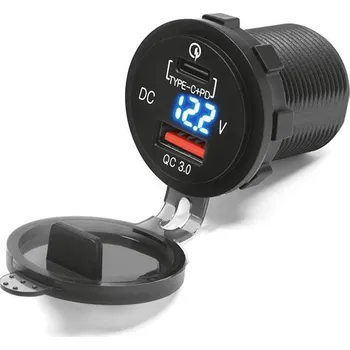 Osvětlení pro motocykl BIKETEC motocyklové dvojitá zásuvka USB QUICK CHARGE USB typ-C s osvětlením a voltmetrem pro montáž na rovné plochy (kapotáž, kufr) nebo řídítka - vyžaduje adaptér BTMUS28 (BIKETEC motocyklové dvojitá zásuvka USB QUICK CHARGE USB typ-C s osvětlením a)