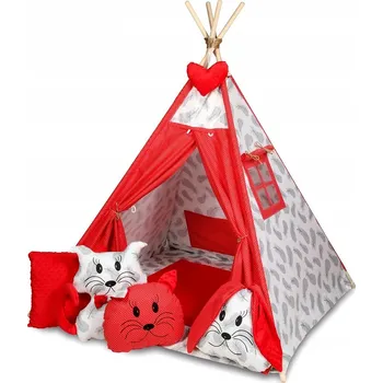 Dětský stan Stan pro děti týpí s velkou výbavou, čtyři polštářky + podložka, šedá, červená