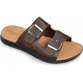 Dámské pantofle Pánské pantofle tmavě hnědé z ekokůže, nastavitelné přezkami