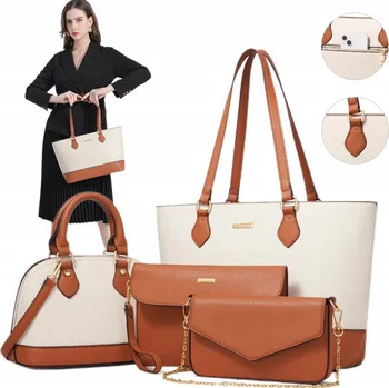 Kabelka DÁMSKÁ TAŠKA PŘES RAMENO PENĚŽENKA Elegantní Dámská Kabelka 4 KS hnědo-bílá