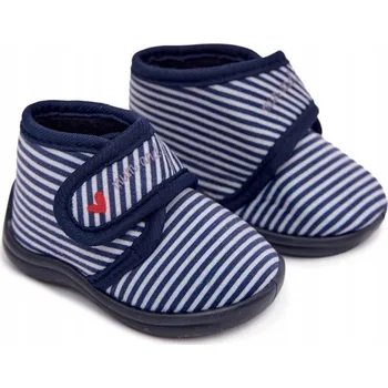 Chlapecké bačkory PAPUČE DĚTSKÉ S PÁSKY NÁPIS NA ZAPÍNÁNÍ NA SUCHÝ ZIP TMAVĚ MODRÉ 22