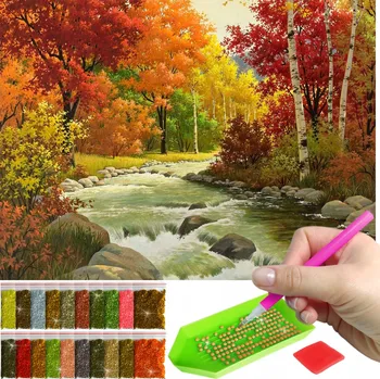 Obraz Duży Haft diamentowy 60x40cm Las jesień rzeka mozaika sada 5d příslušenství