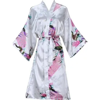 Dámský župan Dámský župan s květinovým motivem Elegantní lehký župan z imitace hedvábí Zavazování v pase na tkaničku Jemný polyester a hedvábný efekt pro domácí pohodlí bílá XL