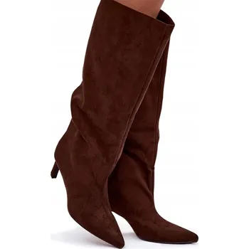 Dámské kozačky Dámské kozačky z eko semiše na jehlovém podpatku, nazouvací, čokoládové, velikost 41