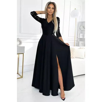 Dámské šaty 309-11 AMBER krajkové elegantní dlouhé šaty s výstřihem a rozparkem na nohou - BLACK XXXL