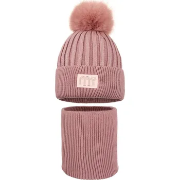 Čepice Dívčí zimní sada: čepice a nákrčník , tmavě růžová, Ambra, vel. 48/50