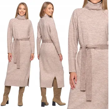 Dámské šaty ŠATY DÁMSKÉ SVETROVÉ MIDI S ROLÁKEM MORAJ ELEGANTNÍ BÉŽOVÉ L/XL