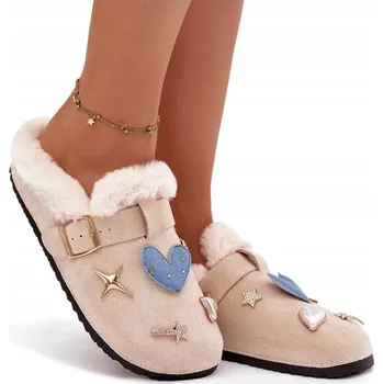 Dámské pantofle Dámské PANTOFLE (papuče) s ozdobami, zateplené kožíškem, jako DÁREK (dárek), béžové, velikost 38