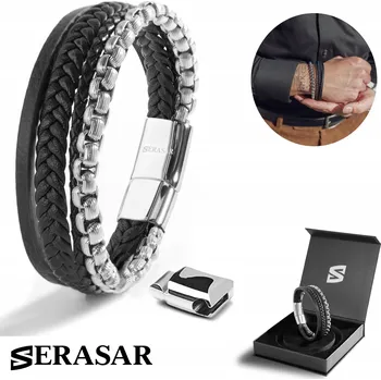 Náramek Kožený náramek SERASAR Premium [Hero] - Stříbrný - 23 cm - B048-23