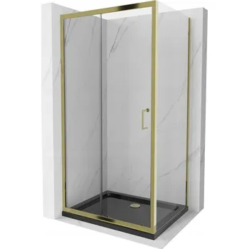 Mexen Apia sprchový kout s posuvnými dveřmi 100 (dveře) x 90 (stěna) cm, 5mm čiré sklo, zlatý profil + černá sprchová vanička SLIM, 840-100-090-50-00-4070G