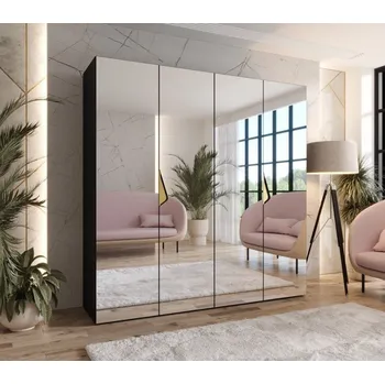 Šatní skříň Čtyřdveřová zrcadlová skříň 200 cm AMARIS 3 - černá / zlaté úchyty