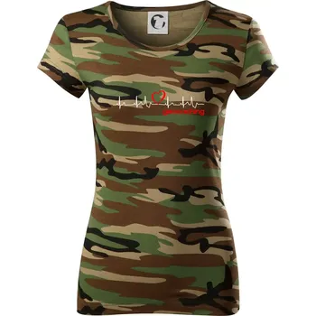 Dámské tričko Moje srdce bije pro Geocaching -text - Dámské maskáčové triko - XL ( Hnědý maskáč )