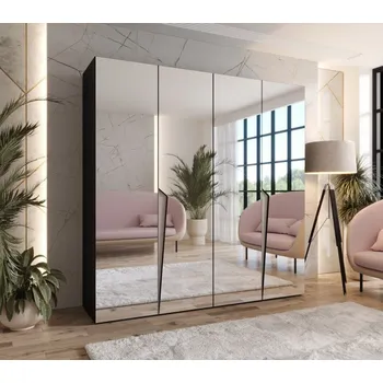 Šatní skříň Čtyřdveřová šatní skříň 200 cm SORAYA 3 se zrcadlem - černá / kašmírové úchyty