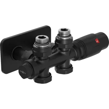 Vodovodní baterie Mexen G00, termostatická souprava Duplex s hranatou krytkou, úhlové/rovné připojení DN50, černá matná, W908-900-910-70