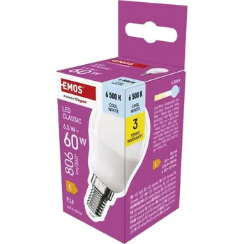 Žárovka LED ŽÁROVKA E14 6,5W = 60W 6500K STUDENÁ BÍLÁ 806LM KULIČKA 124lm/W EMOS