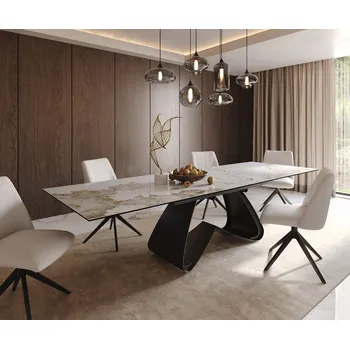 Jídelní stůl DELIFE Jídelní stůl Edge 200-300x100 keramika Minas Melange bílá béžová W-podnož černá rozkládací