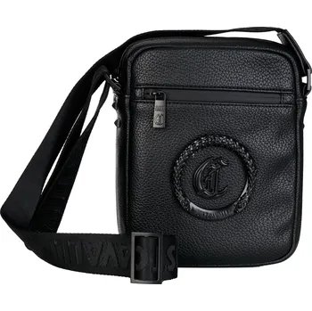 Kabelka JUST CAVALLI kožená kabelka přes rameno pánská LOGO METAL CIRCLE ITALY NERO