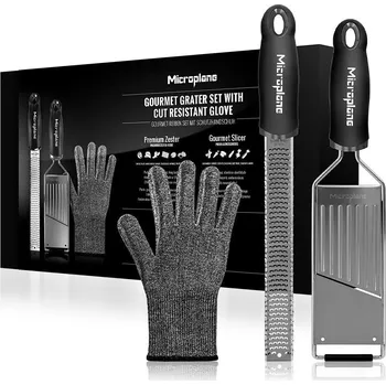 Struhadlo Microplane Dárková sada: 2 struhadla Gourmet (jemné struhadlo Zester a plátkovač) a ochranná rukavice 36179