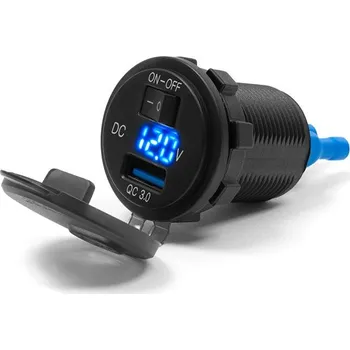 Řídítka BIKETEC motocyklová zásuvka USB QUICK CHARGE s voltmetrem spínačem zapalování montáž na rovný povrch (kapotáž, kufr) nebo na řídítka - vyžaduje adaptér BTMUS28 (BIKETEC motocyklová zásuvka USB QUICK CHARGE s voltmetrem spínačem zapalování montáž na rovný)