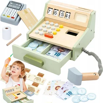 Dřevěná hračka DŘEVĚNÁ SADA HRAČEK POKLADNÍ DO HRAČKA 35 DÍLŮ, DÁREK NA HRY ROLÍ