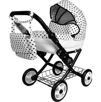 Kočárek pro panenku Dětský kočárek pro panenky Viki - bílý, černé puntíky