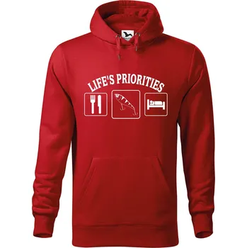 Pánská mikina DOBRÝ TRIKO Pánská mikina s potiskem Životní priority rybáře Velikost pánské mikiny: 2XL, Barva: Červená