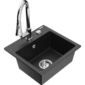 Granitový dřez MEXEN/S - Milo granitový dřez 1-miska včetně baterie Elia, černá/stříbrná metalik 6505-73-670101-00