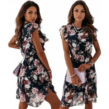 Dámské šaty Módní Šaty Dámská elegantní midi s květinami, šifonová s volánem, černá