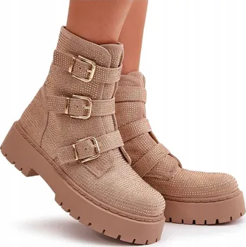 Dámská zimní obuv DÁMSKÉ KOTNÍKOVÉ BOTY ZDOBENÉ PÁSKY A PŘEZKAMI, NÍZKÝ PODPATEK, BÉŽOVÉ, VELIKOST 37