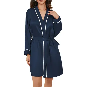 Dámský župan Dámský župan Elegantní lehký župan se zavazováním v pase na tkaničku Pohodlný jemný polyester pro domácí relaxaci ranní přípravy a večerní odpočinek tmavě modrá L