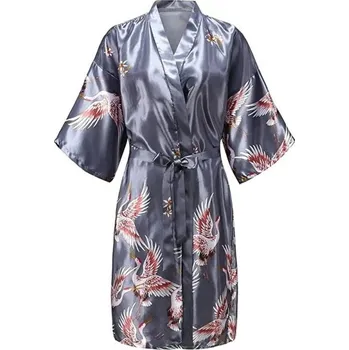 Dámský župan Dámský župan s motivem ptáků Lehký elegantní župan ze 100% hedvábí se zavazováním v pase na tkaničku Jemný splývavý materiál pro domácí pohodlí a relax šedá S