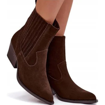 Dámská obuv KOTNÍKOVÉ BOTY KOVBOJSKÉ BOTY DÁMSKÉ SEMIŠOVÉ PODPATEK SLOUPEK ZIP ZATEPLENÉ ČOKOLÁDOVÉ 36